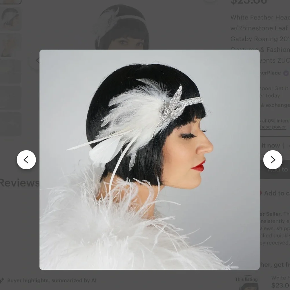 White Feather Headband w/Rhinestone Leaf - NWT